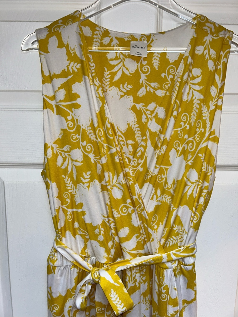 EUC Soma Maxi Yellow & White Floral Faux Wrap Dress Pockets Waist Tie XXL
